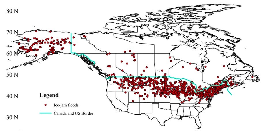 Reported ice-jam floods in North America