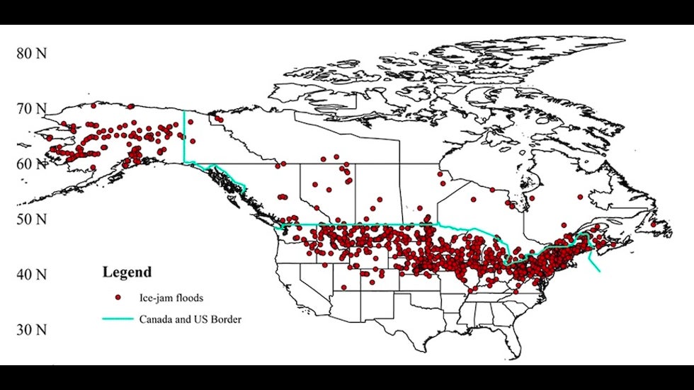 Reported ice-jam floods in North America