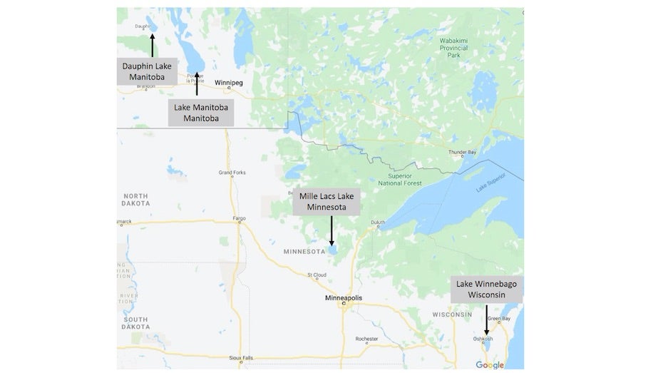 Map of lakes in Manitoba and Upper Midwest prone to ice shoves