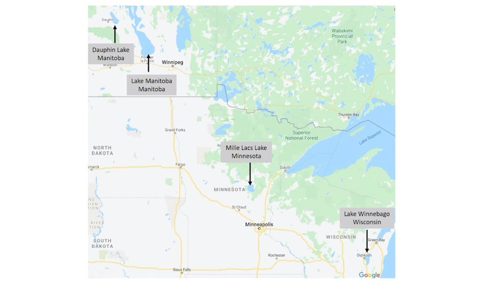 Map of lakes in Manitoba and Upper Midwest prone to ice shoves