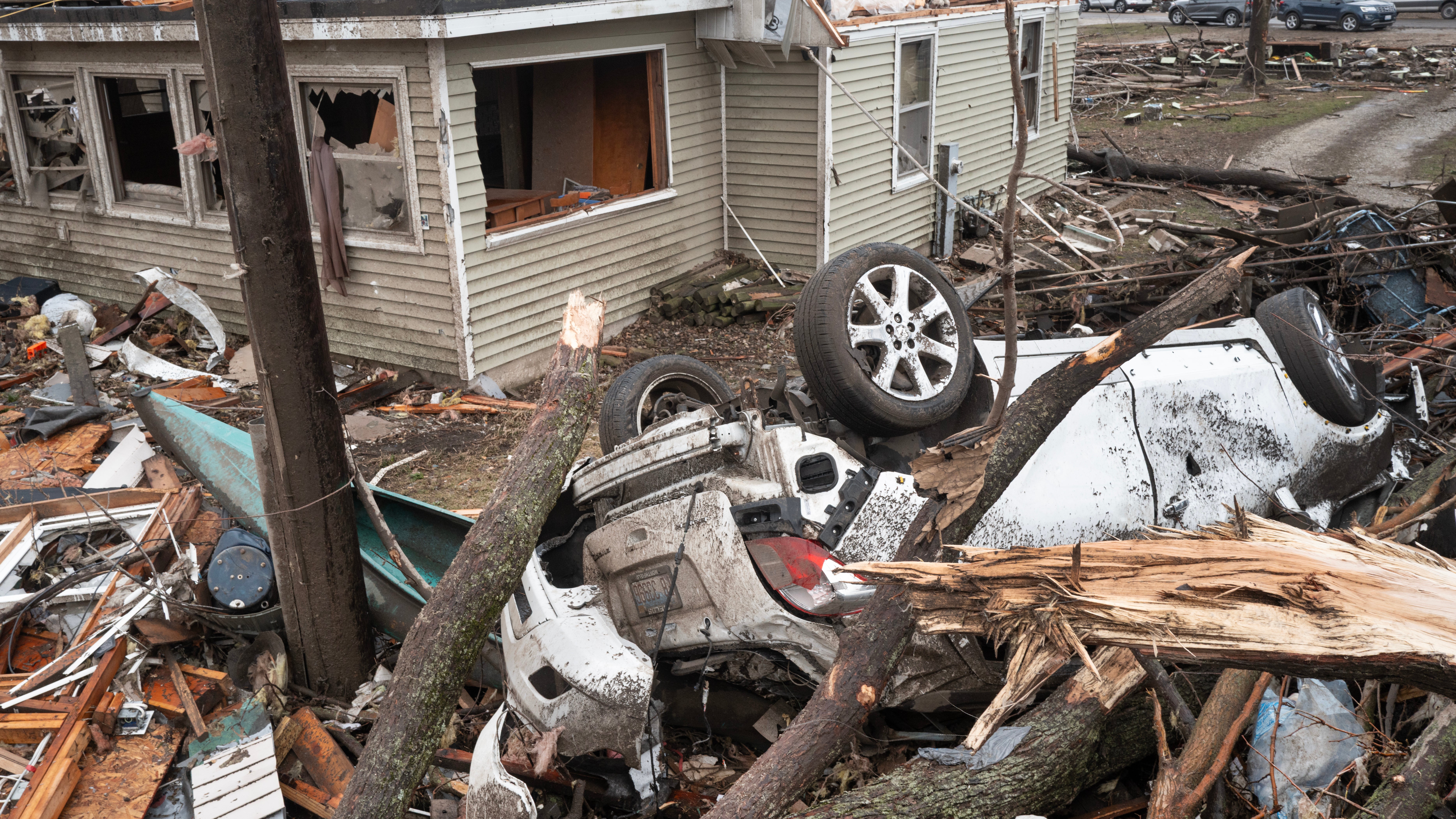 AROMA PARK, ILLINOIS - MARCH 11: A home is reduced to rubble after being hit by yesterday's tornado on March 11, 2026 in Aroma Park, Illinois. Several tornadoes passed through Indiana and Illinois yesterday, leaving behind a path of destruction and at least two people dead in Lake Village, Indiana.  (Photo by Scott Olson/Getty Images)
