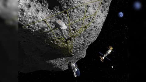 In the concept of this artist, an astronaut performs a tether maneuver on an asteroid. (NASA)