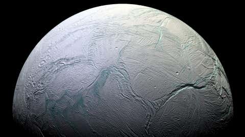 The surface of Saturn's moon Enceladus, captured by NASA's Cassini on October 5, 2008. (NASA/JPL/Space Science Institute)