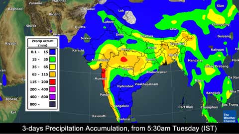 Central India Rains: Up To Extremely Heavy Showers to Soak Madhya Pradesh, Vidarbha and Chhattisgarh This Week 2 3-day rainfall forecast from Tuesday to Friday morning. (TWC Met Team)