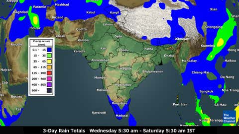 Precipitation forecast over 3 days from Wednesday to Saturday morning. (TWC Met Team)