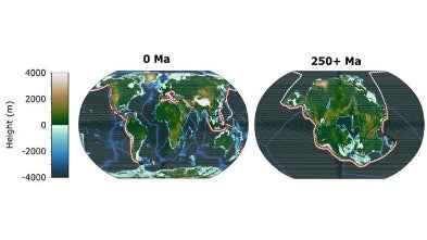 이미지는 현재 지구의 지형과 모든 대륙이 하나의 초대륙으로 수렴되는 2억 5천만년 후 예상되는 지구의 지형을 보여줍니다. [Pangaea Ultima].  (브리스톨 대학교/EurekAlert를 통해)