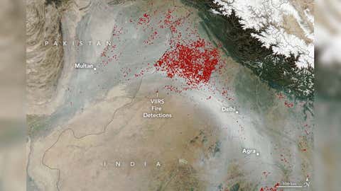 Active fire spots as seen on November 11, 2021, by NASA satellites. (Lauren Dauphin/NASA Earth Observatory)