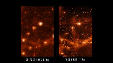 Spitzer Telescope vs James Webb (NASA/JPL-Caltech (left), NASA/ESA/CSA/STScI (right))