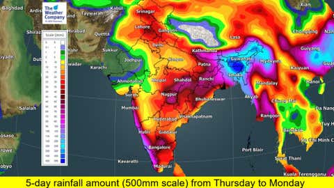 Five-day rainfall amount from Thursday to Monday. (TWC India Met Team)