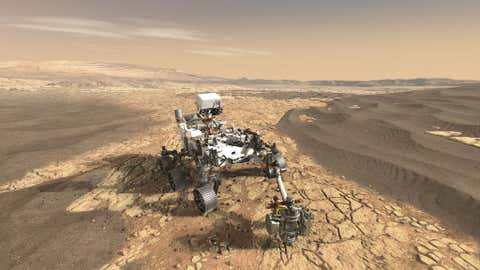 Artist impression of the rover on Martian ground.