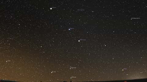 Mars at lower right just above the horizon when Sun is setting. Mercury at the centre and Venus top left. (Dr Abhay Deshpande)
