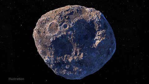 This illustration represents the metal-rich asteroid Psyche located in the main asteroid belt between Mars and Jupiter. (NASA / JPL-Caltech / ASU)