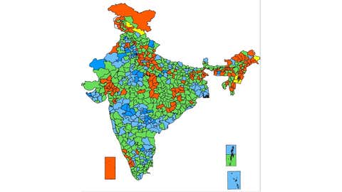 District-wise rainfall departure between June 1 and September 30, 2021. Districts receiving large-deficient rainfall are shown in yellow, those receiving deficient rainfall are shown in red, those receiving normal rainfall are shown in green, whereas those receiving excess and large-excess rainfall are shown in blue and dark blue colours. See the legend in the figure for thresholds. (Hydromet Division, IMD)