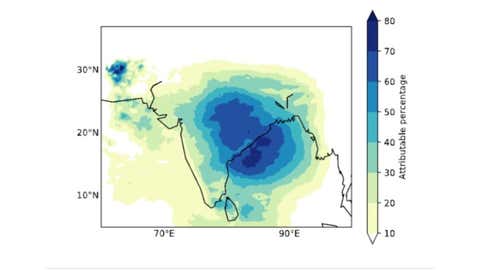 Shadings show the percentage of summer monsoon (June to September) rainfall that is attributed to monsoon low-pressure systems during 1998–2018. Dark blue shading over eastern India and adjoining parts of central India suggests that up to 70% of the summer monsoon rainfall over these regions occurs due to monsoon low-pressure systems. (IMD)