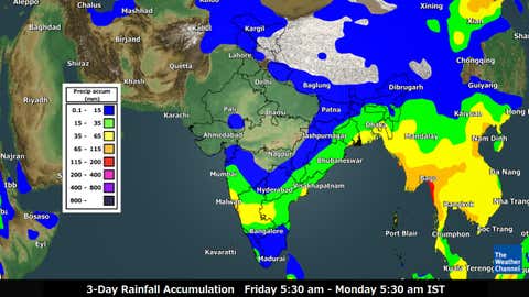 Rainfall accumulation over 3 days from Friday to Monday morning (TWC Met Team)