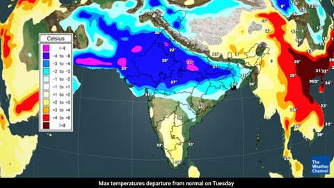 Daytime temperatures outside their normal levels on Tuesday (TWC Met Team)