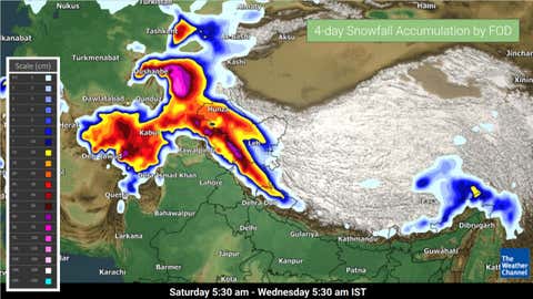 4-day snowfall accumulation from Saturday 5:30 am - Wednesday 5:30 am IST. (TWC Met Team)