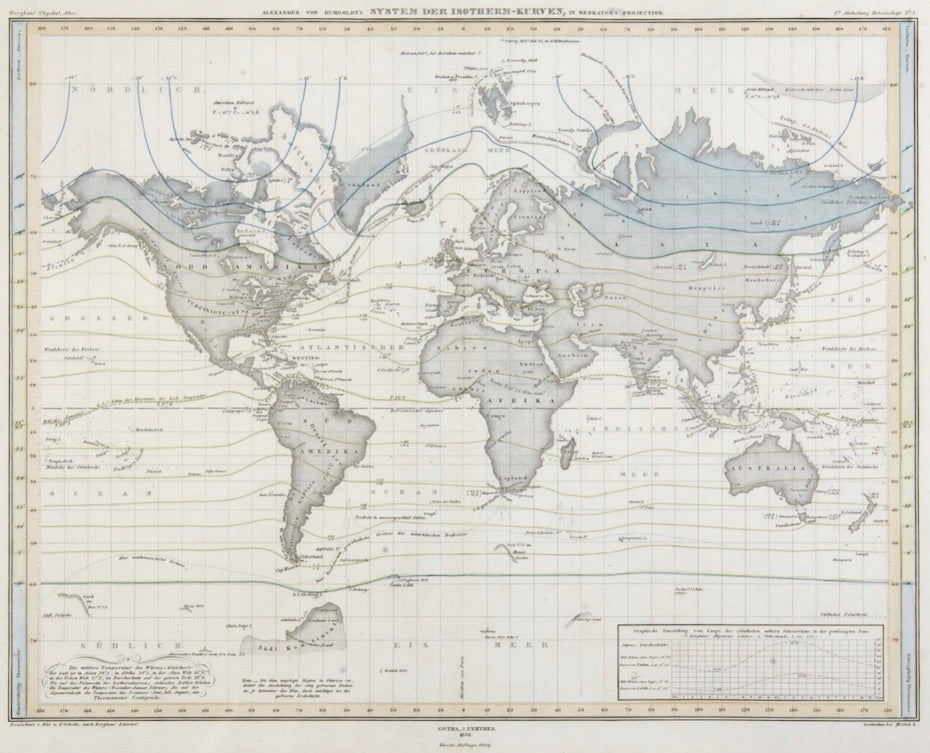Isoothermal chart (1817) showing the dip in the isotherms over the North American continent and rise over the North Atlantic Ocean