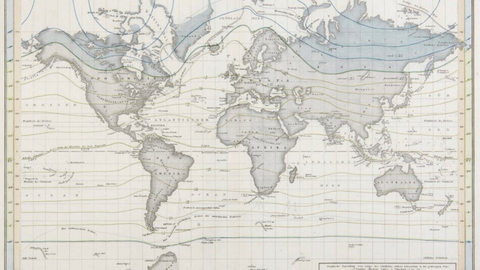 Isoothermal chart (1817) showing the dip in the isotherms over the North American continent and rise over the North Atlantic Ocean