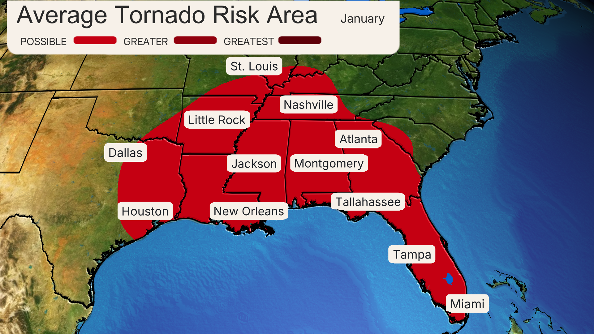 Common January Tornado Risk Areas