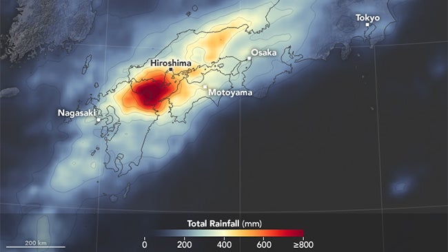 Satellite estimated 24-hour rainfall ending 3 a.m. JST July 3, 2018, responsible for the deadly, destructive flooding in southwest Japan. (NASA Earth Observatory)
