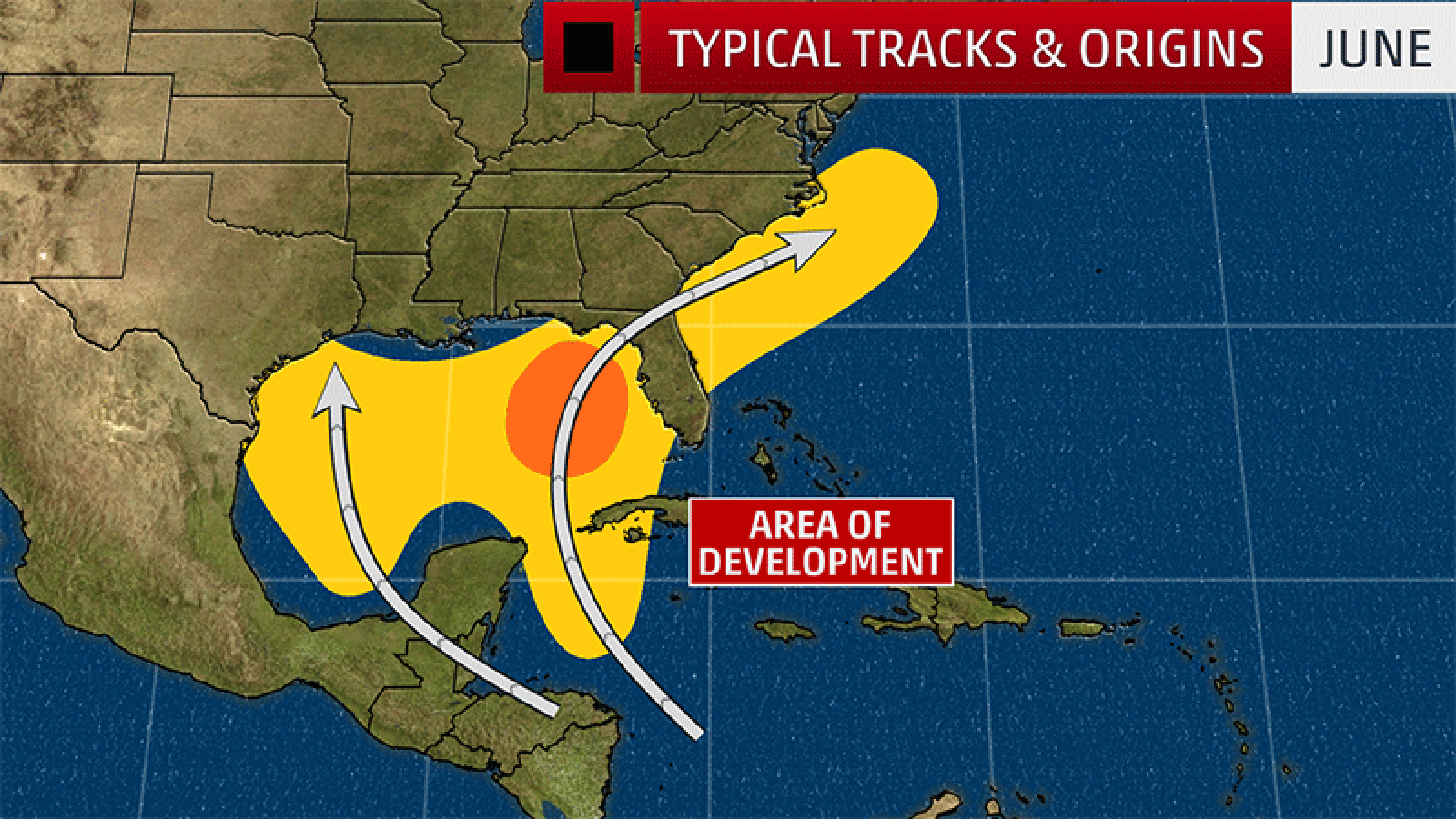 This animation shows the typical formation areas and tracks for named storms in June and July.