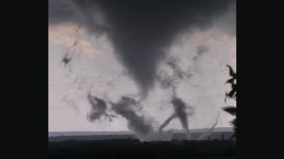 A multi-vortex tornado developing near Katie, Oklahoma, on May 9, 2016.
