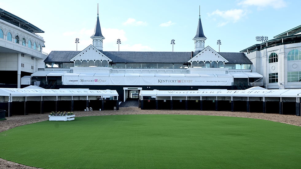 LOUISVILLE, KENTUCKY - APRIL 30:  A general view of the new paddock during the morning training for the Kentucky Derby at Churchill Downs on April 30, 2023 in Louisville, Kentucky. (Photo by Andy Lyons/Getty Images)