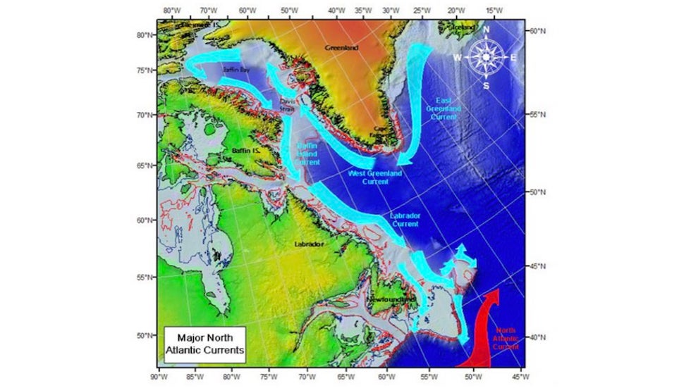 Schematic showing major ocean currents responsible for iceberg paths off Greenland
