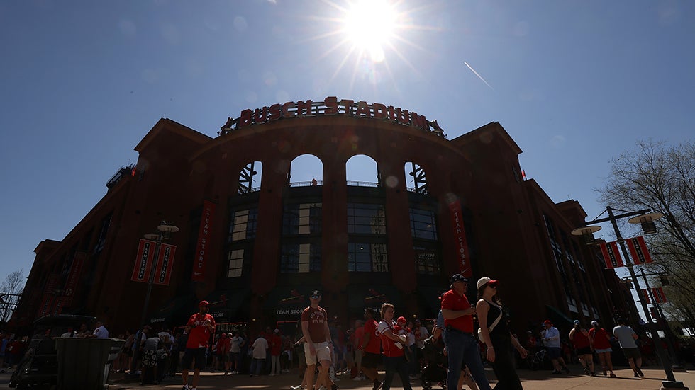 ST LOUIS, MISSOURI - MARCH 26: Fans gather outside Busch Stadium prior to a game between the St. Louis Cardinals and the Tampa Bay Rays on Opening Day on March 26, 2026 in St Louis, Missouri. (Photo by Dilip Vishwanat/Getty Images)