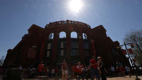 ST LOUIS, MISSOURI - MARCH 26: Fans gather outside Busch Stadium prior to a game between the St. Louis Cardinals and the Tampa Bay Rays on Opening Day on March 26, 2026 in St Louis, Missouri. (Photo by Dilip Vishwanat/Getty Images)