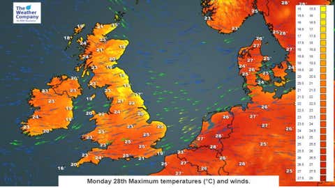 Predicted highs for the UK on Bank Holiday Monday