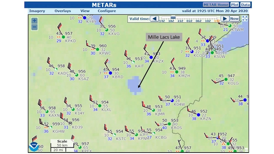 Map of surface weather observations from MN at 1925Z 4/20/20