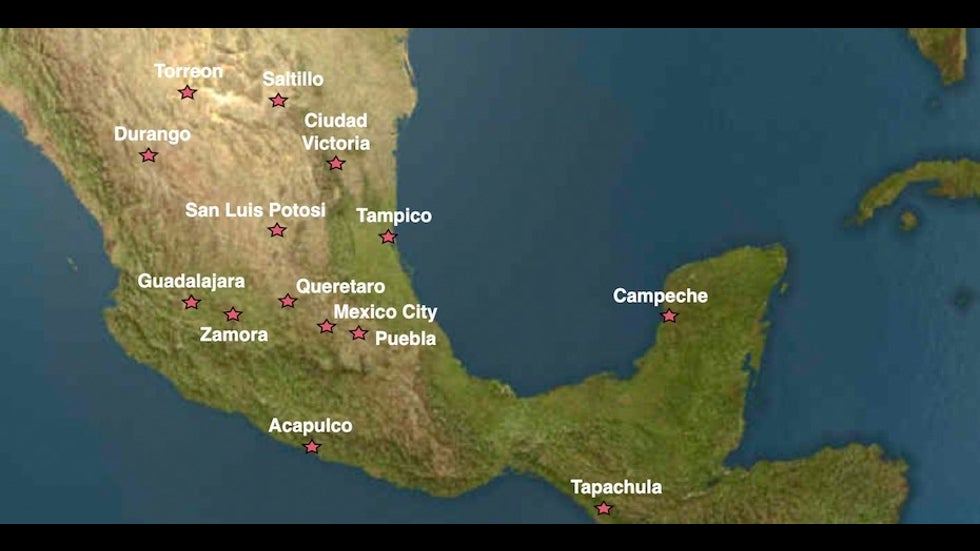 Selected cities in Mexico that saw their warmest March on record in 2020