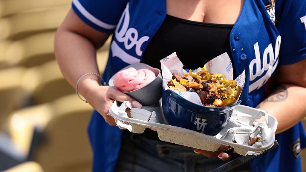  A fan carries food in the stands prior to the game between the Detroit Tigers and the Los Angeles Dodgers at Dodger Stadium on Thursday, March 27, 2025 in Los Angeles, California. (Photo by Katelyn Mulcahy/MLB Photos via Getty Images)