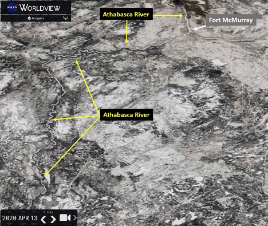 MODIS image of Athabasca and Clearwater rivers in Alberta, Canada, 4/13/20
