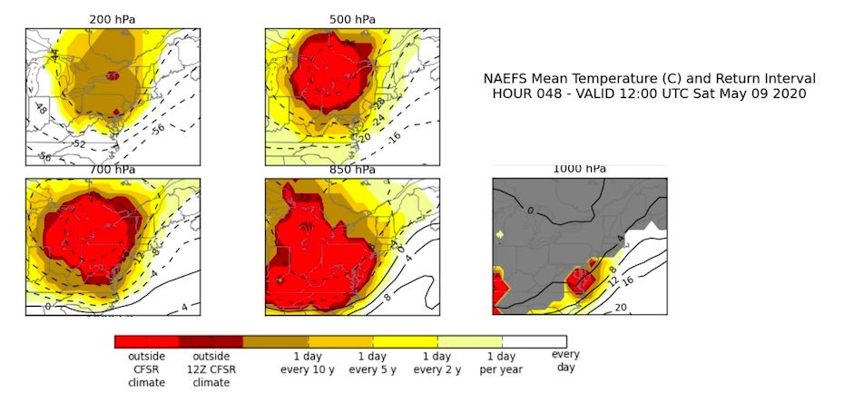 Return periods for cold upper-level air predicted for Sat. 5/9/20