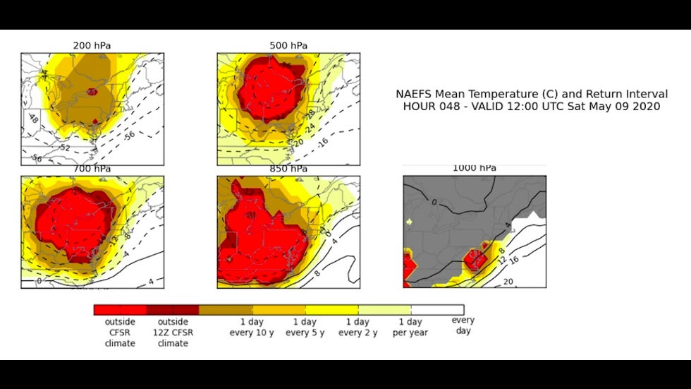 Return periods for cold upper-level air predicted for Sat. 5/9/20