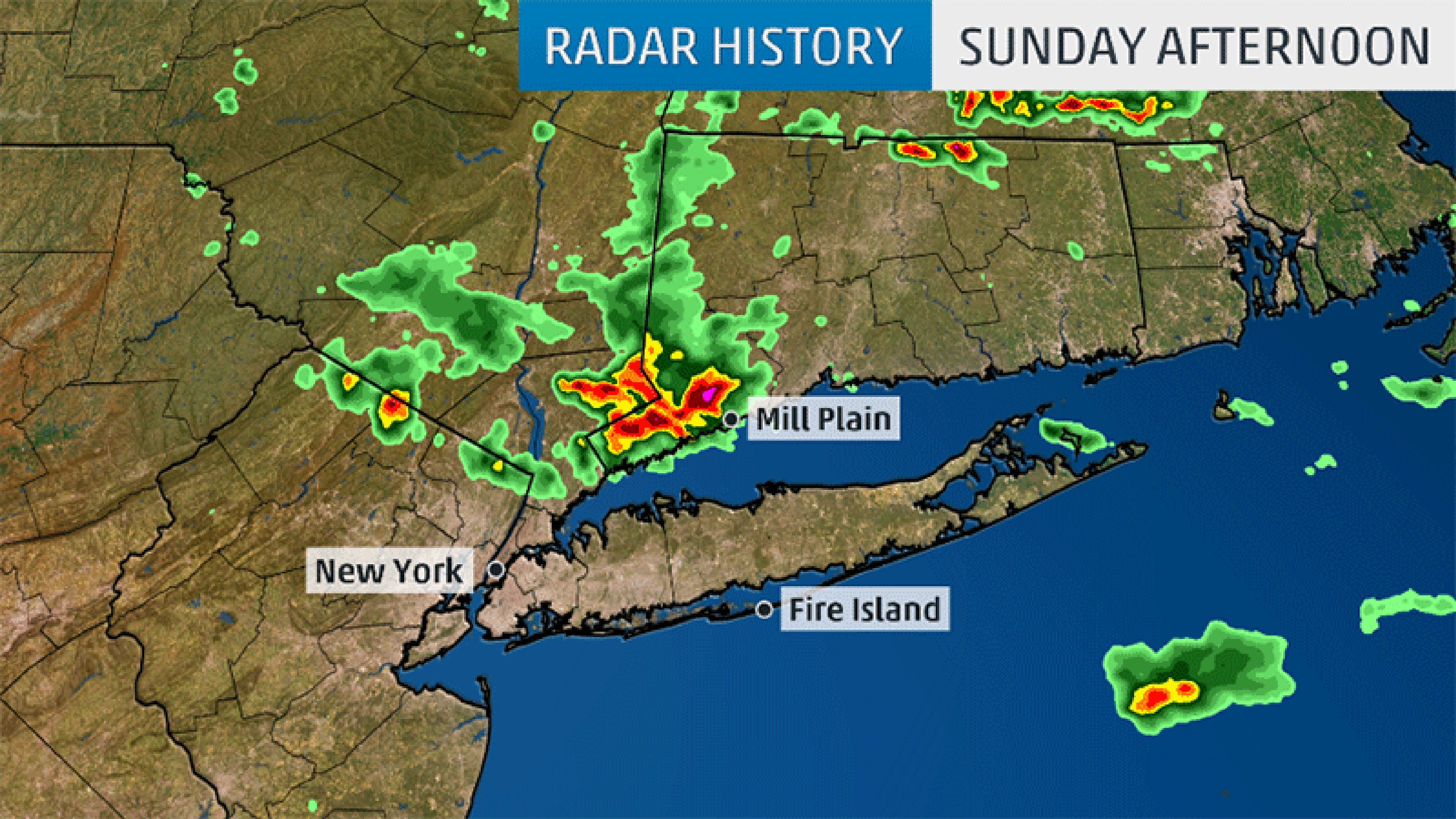 Radar of the cluster of storms that moved from Connecticut to Long Island on Sunday afternoon.