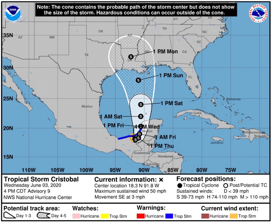 Forecast for TS Cristobal as of 21Z 6/3/20