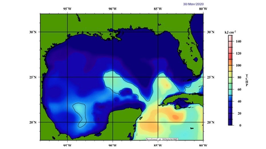 Oceanic heat content over Gulf of Mexico, 5/30/20