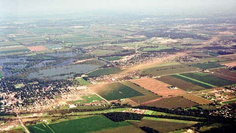 An aerial view of the Tornado F5 damage path by Plainfield, Illinois, August 28, 1990.