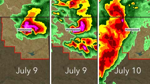 The three rounds of severe storms that hit Plentywood, Montana, and Sheridan County from July 9-10, 2018.