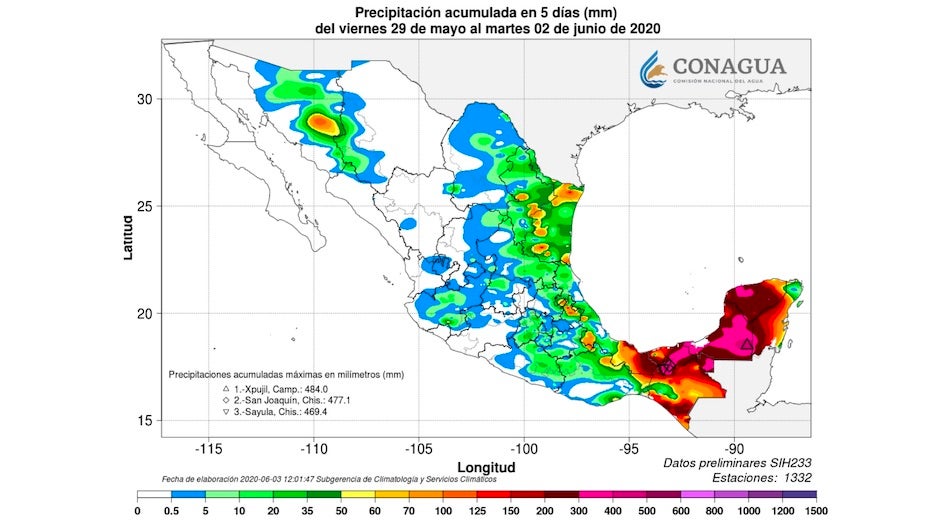 Rainfall totals in Mexico, 14Z 5/29/20 to 6/3/20