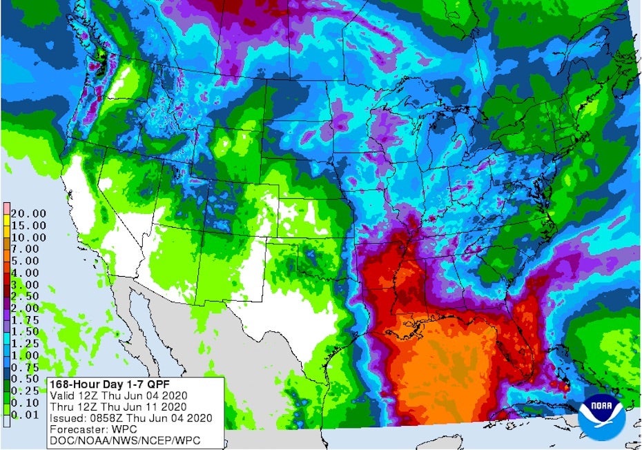 7-day precip forecast from GFS, 12Z 6/4/20