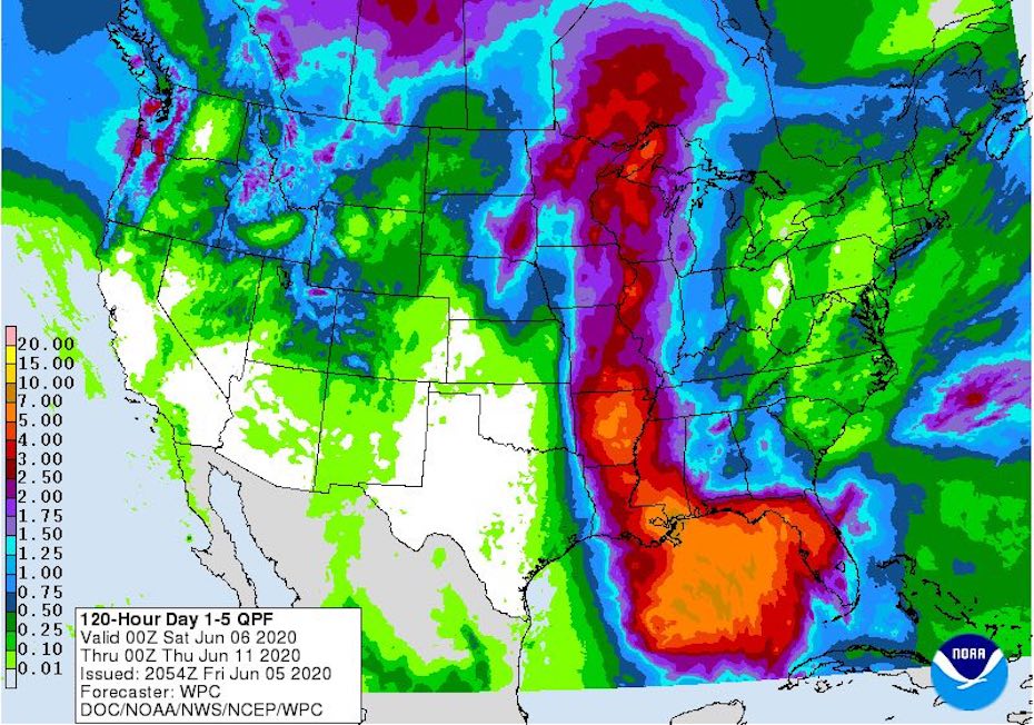 5-day precipitation forecast from 00Z 6/6/20