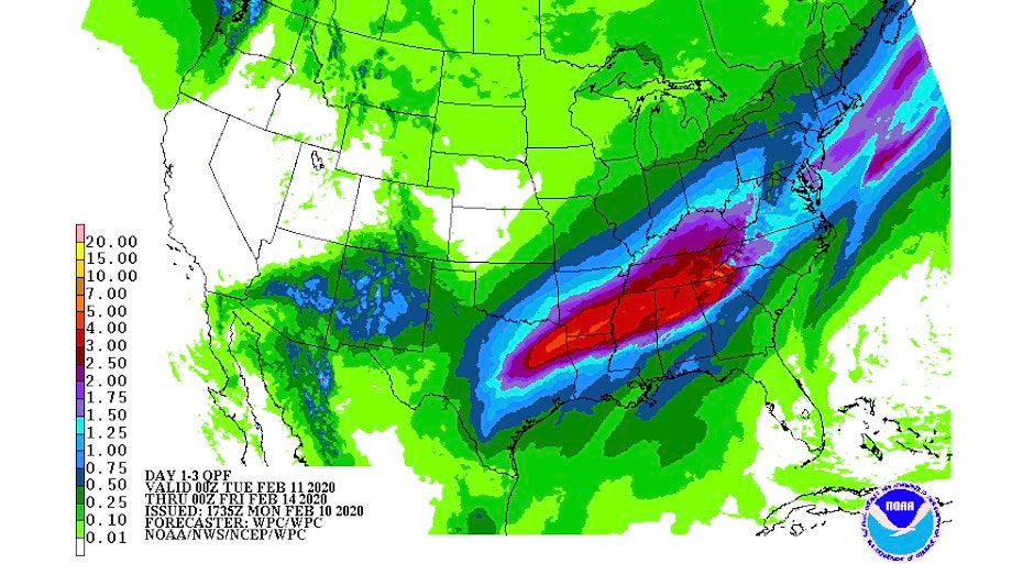 ThreThree-day precipitation forecast for Mon. night 2/10/20 through Thurs. night 2/15/20