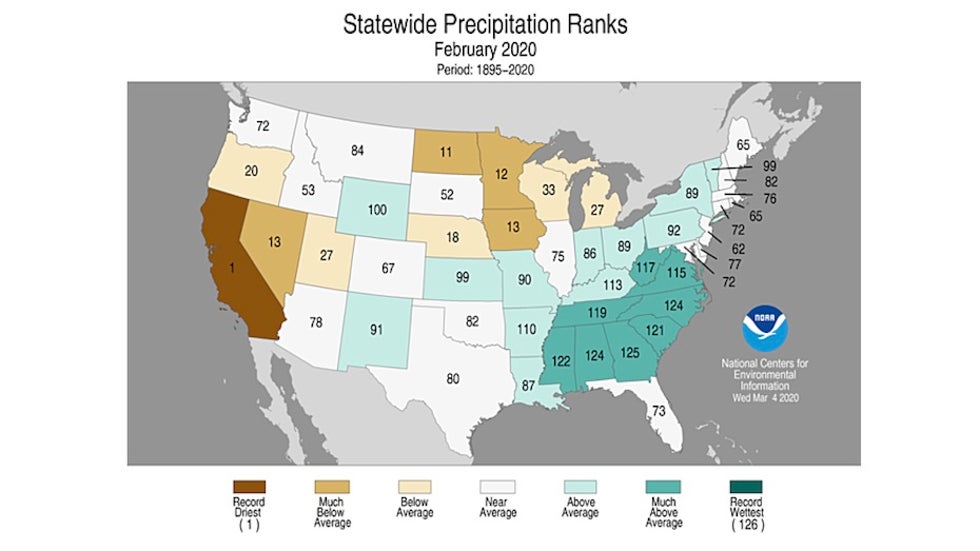 Map of U.S. precipitation departures from average, Feb. 2020