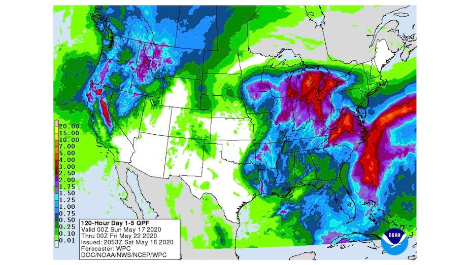 5-day precipitation totals from 0Z 5/17/20