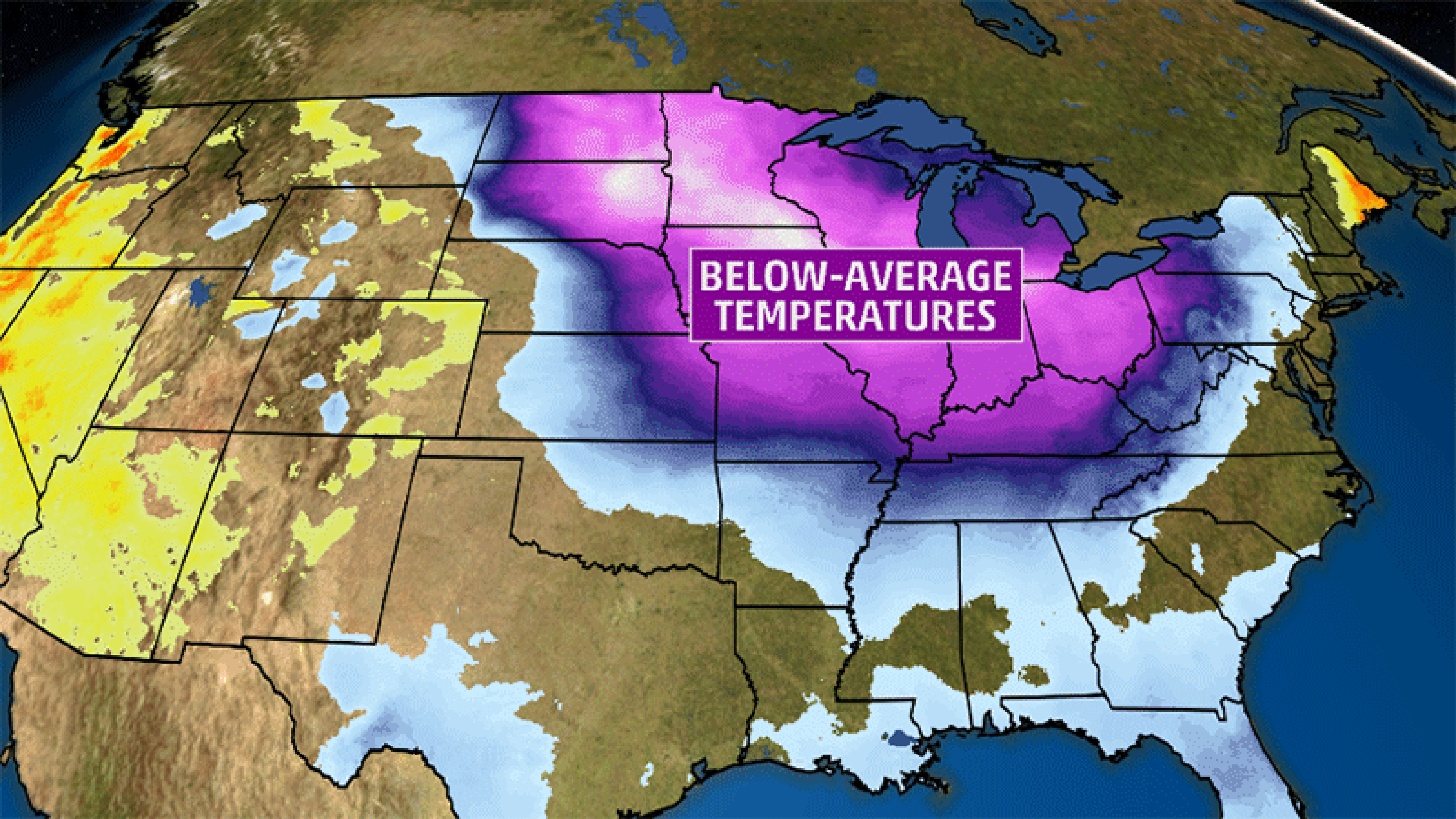The change from below-average temperatures (blue and purple) midweek to above-average temperatures (orange and red) this weekend.